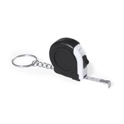 A keyring tape measure in black and white, featuring a silver chain for attachment.