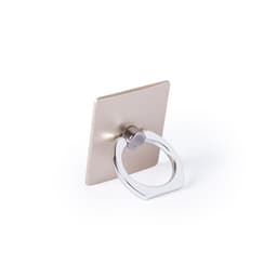 A silver phone holder with a square backing in a light metallic shade, featuring a circular grip for easy handling.
