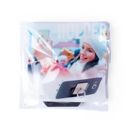 A phone holder with a ring grip, packaged in a clear bag. The holder is black and features a logo.
