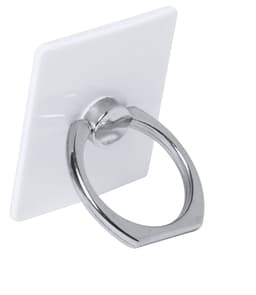 A square white phone holder with a chrome ring on the back for grip and support.