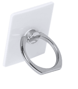A white phone holder with a chrome ring for secure grip and stand functionality.