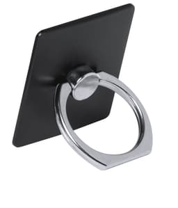 A black phone holder with a silver ring attachment. It has a square shape and includes a branding logo.