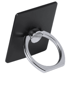 A phone holder in black with a circular metal ring for easy grip. Features a logo on the back.