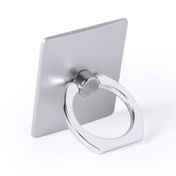 A silver phone holder with a metallic ring stand, featuring a square backing and a polished finish.