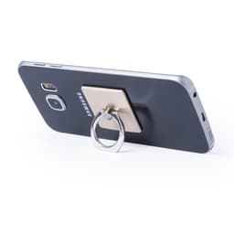 A smartphone in black with a metallic ring holder attached to the back, featuring a smooth surface and branding.