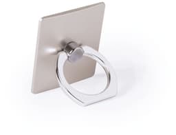 A metallic phone holder with a square backing and a circular ring for grip. The finish is silver and sleek.