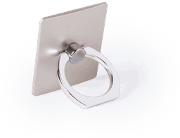 A square phone holder in silver with a metal ring attachment for secure grip. Features a smooth surface and branding.
