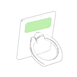 A phone holder featuring a metallic ring and a rectangular backing. The backing has a light green outline and a logo.