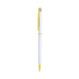 A white ballpoint pen with a yellow clip and stylus tip, featuring a simple design and a logo on the barrel.