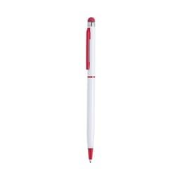A white ballpoint pen with red accents and a stylus tip, featuring a branding logo on the body.