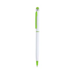 A white ballpoint pen with a green clip and stylus tip, featuring a logo.