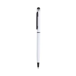 A white ballpoint pen with a black clip and a stylus tip at the top. It features a simple design and has a logo.