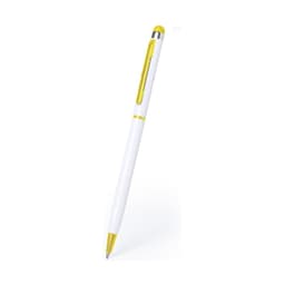 A white ballpoint pen with yellow accents and a silver clip, featuring a stylus tip at the top.