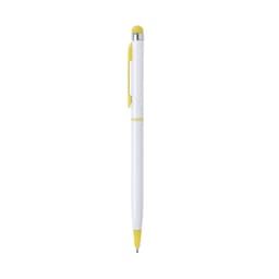 A ballpoint pen with a white body and yellow accents, featuring a stylus tip and a clip, with a logo.