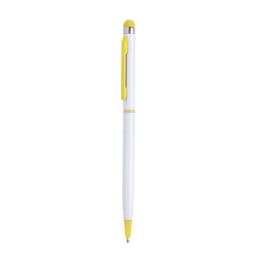 A white ballpoint pen with yellow accents and a stylus tip. The pen features a clip and has branding.