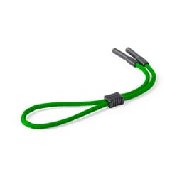 A green elastic lanyard with two ends and a central connector. It features a branded logo.