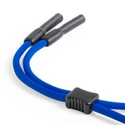 Two blue bungee cords with black ends and a central connector for securing items.