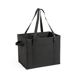 A black fabric organiser bag with two handles and an open top, featuring a side pocket.