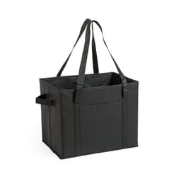 A black insulated tote bag with sturdy handles and a spacious interior, featuring a front pocket and no visible branding.