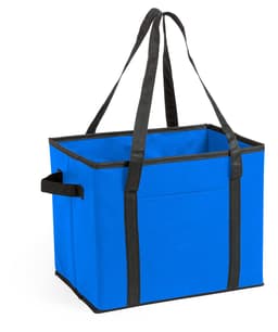 A blue cooler bag with black handles and trim, featuring a rectangular shape and open top.