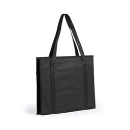 A black tote bag with two sturdy handles and a front pocket, featuring a branding logo.