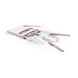 A set of coloured pencils in a box, with several pencils and partially coloured patterns visible.