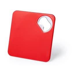 A red square coaster with a built-in bottle opener, featuring a branded logo.