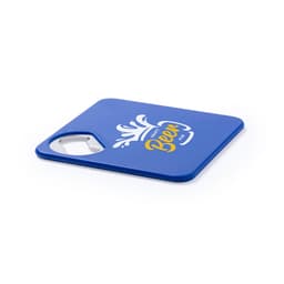 A blue coaster featuring a bottle opener and a design with a splash and the word "Beer." It has a logo.
