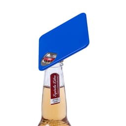 A blue bottle opener with a sleek design, attached to the top of a drink bottle. It features a logo.