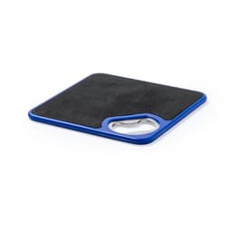 A blue coaster with a textured black surface and a cutout for easy gripping. It features a logo.