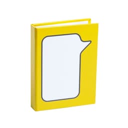 A yellow notebook with a speech bubble outline on the cover and a simple, blank design. It has a logo on the front.
