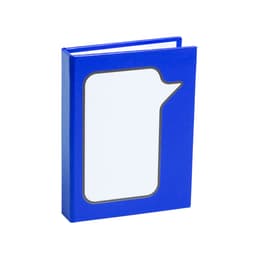 A blue notebook with a speech bubble cutout on the front cover and a logo on the back.