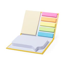 A yellow Dosan Notebook with sticky note pads in pastel pink, green, and blue, plus a white notepad.