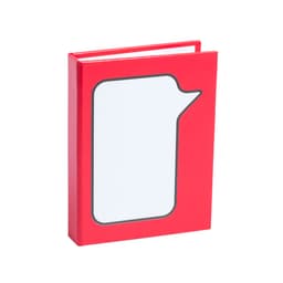 A red notebook with a speech bubble design on the cover. It features a glossy finish and includes branding.