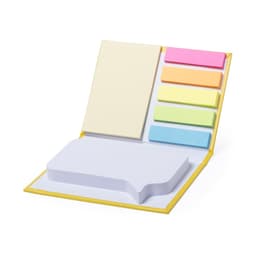 A yellow notebook with sticky notes in pink, green, blue, and yellow, featuring a white notepad in a speech bubble shape.