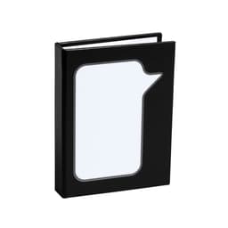 A black notebook with a distinctive speech bubble cutout on the front cover.