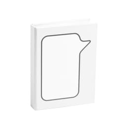 A white notebook with a simple grey outline design resembling a speech bubble. It features a logo on the cover.