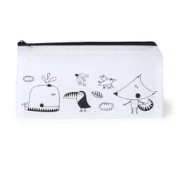 A white pencil case featuring playful black illustrations of animals and nature, with a zip closure and branding.
