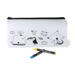 A white pencil case with whimsical animal illustrations and two non-toxic crayons in blue and yellow.