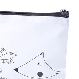 A white pencil case featuring playful animal illustrations and a zip closure. It has a simple, whimsical design.