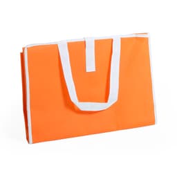 An orange picnic rug bag with white handles, featuring a logo on the front.