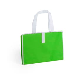 A green picnic rug with white handles, featuring a simple design and a logo on one side.