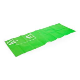 A vibrant green picnic rug with a white design, featuring a logo on one side. Ideal for leisure and outdoor use.