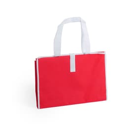 A red picnic rug bag featuring white handles and a simple design. It includes a closure tab and has a branded logo.