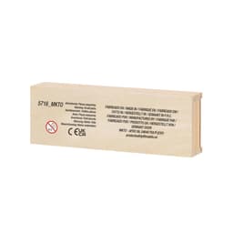 A wooden box with a natural finish, featuring a logo and labels on the side.