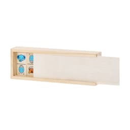 A wooden box contains colourful animal-themed blocks, with a sliding lid, ideal for fun and games.