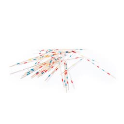A scattered pile of Mikado sticks featuring red, blue, and white segments. The sticks are slender and wooden.