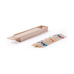 A wooden box with a sliding lid and a set of colourful Mikado game sticks in red, blue, and natural wood.