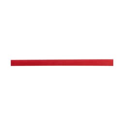 A red ribbon hatband, smooth and straight, featuring a branding logo at one end.