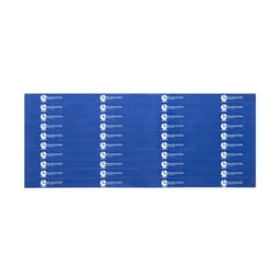 A blue ribbon featuring a repeated logo design, suitable for various promotional uses.
